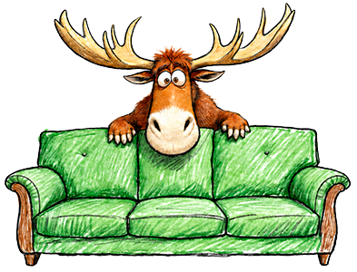 Yoga Moose leaning over a green couch